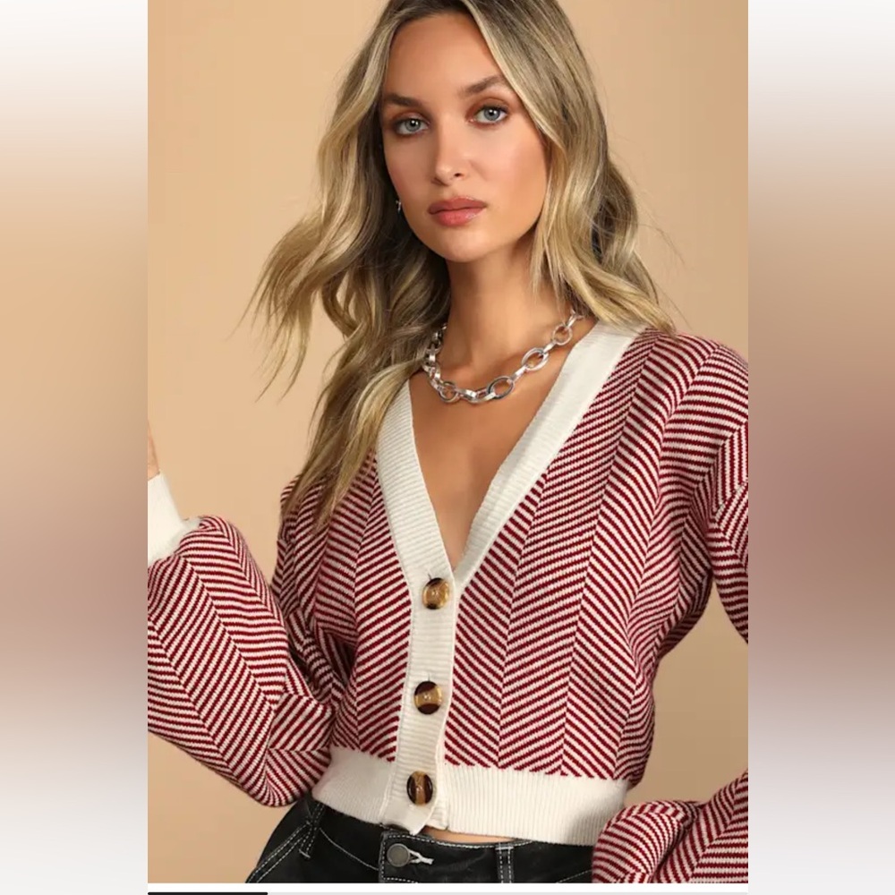 Lulu’s Here Comes a Holiday Red and White Striped Button-Up Cardigan SMALL